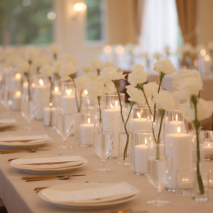 Decorative table setting with white flowers, white sand candles, and glasses in a softly blurred indoor setting.